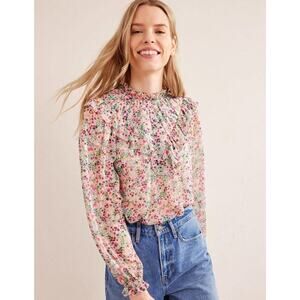 BODEN Womens V Yoke Flounce Top Metallic Fibre Sheer $130 NEW 16-18 Floral Boho